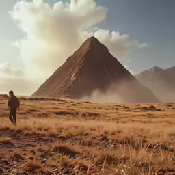 a lone hiker in an open mountain landscape