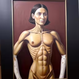 a painting of a nude female is shown in a dark frame,painting of a nude woman with bandages on it