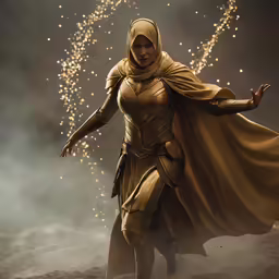 woman wearing all gold and a yellow robe is dancing