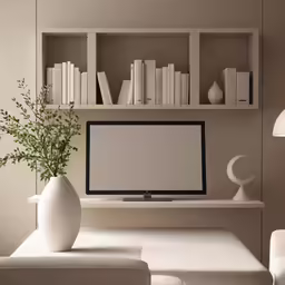 an empty tv room with many books on the shelves