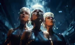 three women in black leather dress and one is staring up