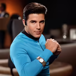 a close up of a person with his arms crossed wearing a blue shirt