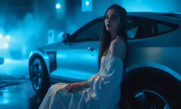 a young woman is sitting on the car in a rain storm