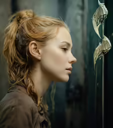 a woman looks ahead while she stands behind a wall