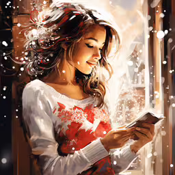 a young girl is looking at her cell phone,a painting of a girl using her phone in a winter scene
