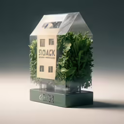 a small house on display with plants on the base