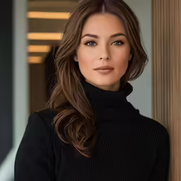 woman wearing black turtleneck sweater leaning on column