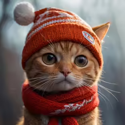 a small brown cat wearing an orange winter hat and a knitted scarf