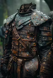 some men are dressed up in lots of leathers,the armor is full of studded straps