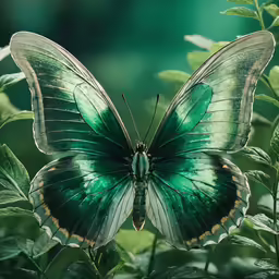 a green and white butterfly with black outlines sits on a twig