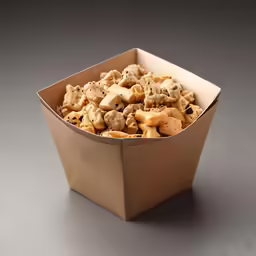 a small cup of pasta with some sort of meat topping