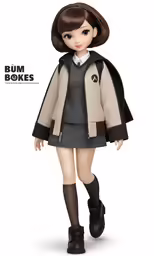 a doll is shown walking wearing a school uniform