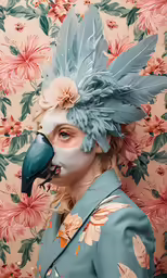 an unusual mask with flowers and a bird on top of it
