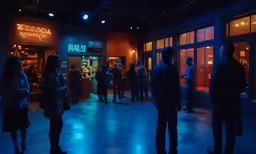 group of people standing outside a store in the dark