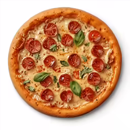 there is a pizza with tomatoes, green leafs and cheese