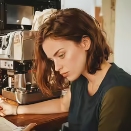 woman checking her menu in the kitchen with espresso machine and coffee maker