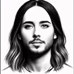 a black and white drawing of a person with long hair