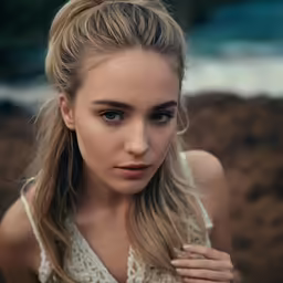 a beautiful woman wearing long hair and looking to her left