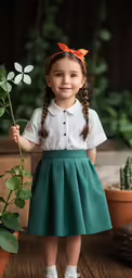 a little girl is holding a rose and smiling