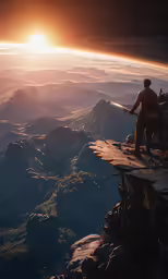 a man is standing on a cliff above a valley