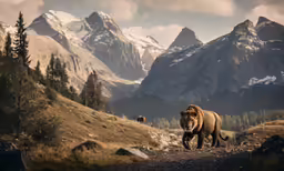 a grizzly bear in the mountains on a trail