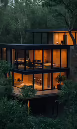 a home with lights on is in the woods