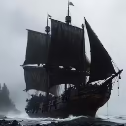 a tall sailing ship with black sails going into the water