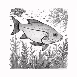 black and white fish in a seaweed field