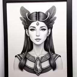 a black and white drawing of a woman with an ear ring on her head