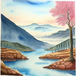 a large painting is on display in a room,painting of a river flowing into a beautiful valley