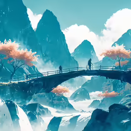 two people stand on a bridge over a snowy valley