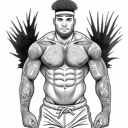a man with large tattoos is posing in shorts and holding two wings,a drawing of a man with big muscles and a beard,a black and white drawing of a man with a shaved chest and tattoos,a man with tattoos on his chest wearing shorts,the man with the black wings is standing on his stomach