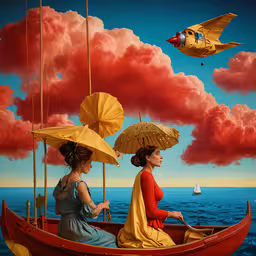 two women in boats in the middle of the ocean,two women in a red boat, with parasols, under an airplane