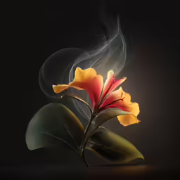 a flower in the smoke is seen against a black background