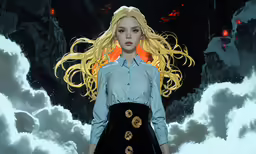 the blonde haired girl is standing near clouds