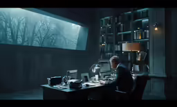a man sitting at a desk in a dark office
