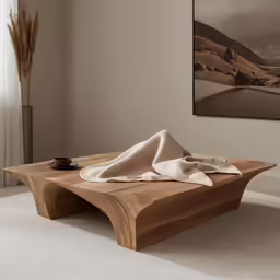 a table with cloth on it sitting on a carpeted floor