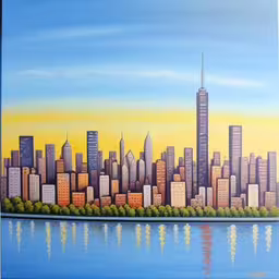 there is a painting on a piece of art that shows a city in yellow,a painting of city buildings on a blue surface,painting of a city on a body of water,a painting of a cityscape with water reflecting off of it,a painting of city buildings next to the water