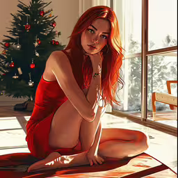 a painting of a naked girl posing for the camera,an image of a beautiful redhead women sitting