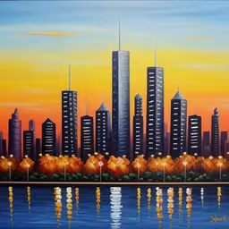 cityscape that looks like a city skyline painted with acrylic paint,a painting of a city on a large board,a painting of a city skyline that is painted at sunset,a painting of a city and a lake with reflections,a painting shows a city that is by the water