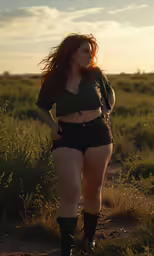 a beautiful young woman standing in a field