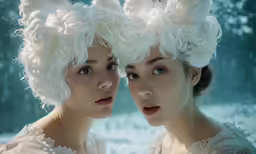 two girls are wearing furry white hats