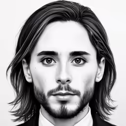 the black and white portrait is of the man with long hair