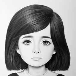 the head of a doll, which has black hair and an embellished eye