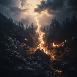 bright light shines through dark fog and clouds on the ground near the woods