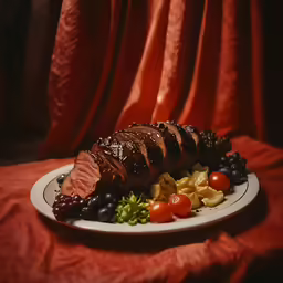 there is a plate of sliced meat and vegetables