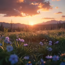 wildflowers and other small blue and pink flowers grow in a meadow with mountains in the background