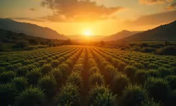 sun rise over an agricultural field and forest