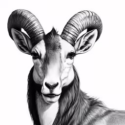a goat with big horns that is looking straight ahead
