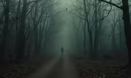 the person is walking on the foggy path between trees